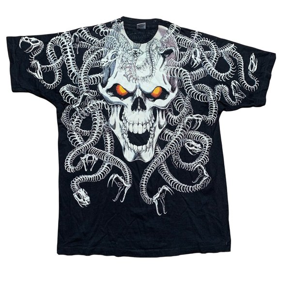 Vintage Liquid Blue Medusa Skull Snake All Over Print T-Shirt Size XL 19… - Picture 1 of 8